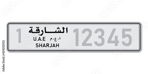 Car number plate Sharjan. Vehicle registration license of United Arab Emirates.