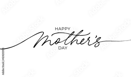 Happy Mother's Day elegant lettering with swooshes. Calligraphy vector text in linear style. Modern line calligraphy isolated on white background. Black ink illustration. Holiday lettering.
