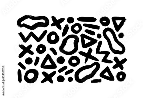 Black dry brushstrokes hand drawn vector set. Curved and zig zag black paint brushstrokes  circles  triangles and dashes. Abstract grunge smears collection with wavy  doodle in memphis style.