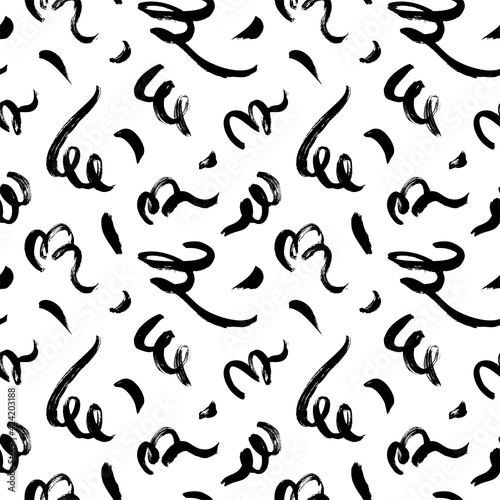 Black paint freehand scribbles vector seamless pattern. Wavy lines and round shapes, dry brush stroke texture. Abstract monochrome wallpaper design, trendy textile print. Wavy and swirled brush stroke