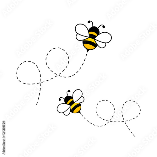 Bees flying on dotted route. Cute bumblebee characters. Vector cartoon illustration isolated on white background