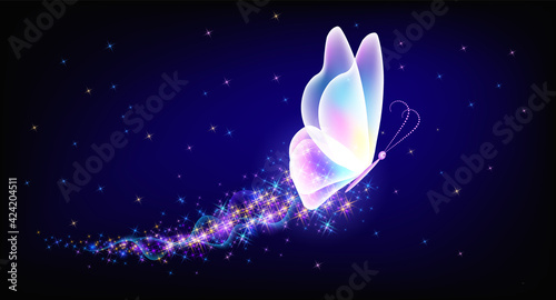 Flying delightful butterfly with sparkle and blazing trail flying in night sky among shiny glowing stars in cosmic space. Animal protection day concept.