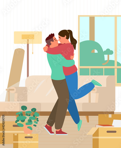 Happy Young Couple Just Moved Into New House Hugging Among Unpacked Boxes And Furniture Flat Vector Illustration.