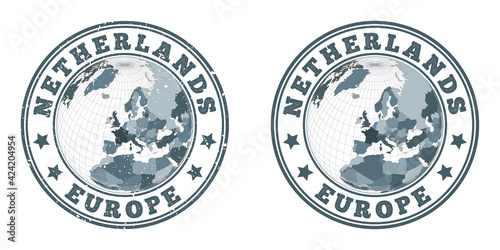 Netherlands round logos. Circular badges of country with map of Netherlands in world context. Plain and textured country stamps. Vector illustration.