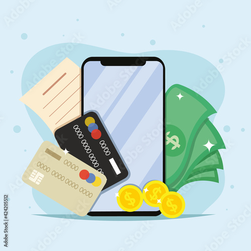 Phone with money, coins and credit card concept. 
