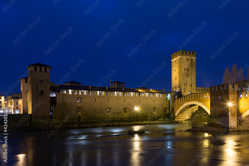 Nuremberg. Bridge over the Pegnitz River and Water tower on night , Germany