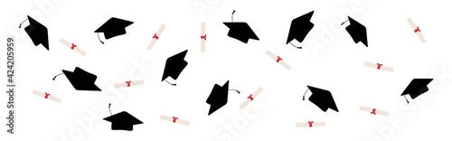 Quarantine graduation. Funny graduation seamless pattern with bonnets and medical masks in the air. Flying masks and grads hats, Quarantine 2021 Graduation ceremony concept. vector illustration.