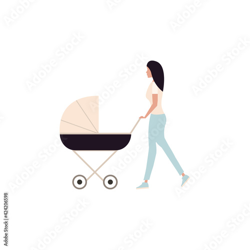 Mom with a baby carriage. Walk with the child. Flat style. Vector illustration