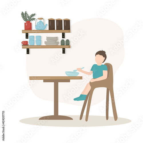 Baby learning to eat on his own. Little son is sitting in a baby chair. In his hand holding a spoon going into his mouth. Modern flat vector illustration of cartoon clipart