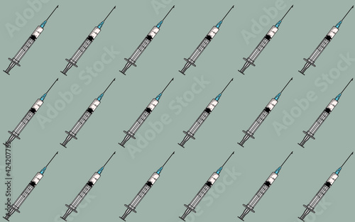 Textura de patrón de jeringa para pinchazos con medicamento sobre fondo verde. Ilustración horizontal.