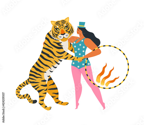 The circus tiger dancing with the woman holding a fiery ring. Enjoy the show. Illustration on white background.