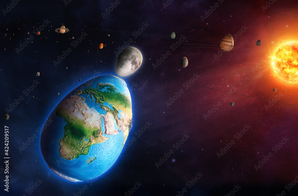 Fototapeta premium Solar system with planets in the form of eggs, creative Easter holiday background. Happy Easter 3D concept universe illustration, Earth and moon eggs easter greeting card design with celestial bodies