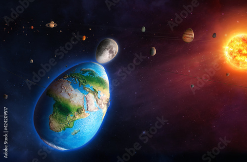 Solar system with planets in the form of eggs, creative Easter holiday background. Happy Easter 3D concept universe illustration, Earth and moon eggs easter greeting card design with celestial bodies