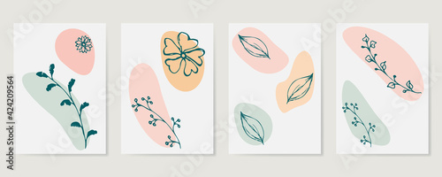 Contemporary Hand drawn Vector illustrations. Various Leaves and Flowers, abstract shapes. Ink painting style. Continuous line, minimalistic elegant concept. Vector illustration