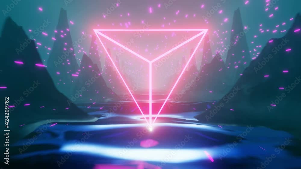 4K video animation of a seamless loop between beautiful sci-fi mountain and river landscape with neon triangle and bright colorful lights.