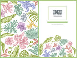 Menu cover floral design with pastel monstera, banana palm leaves, strelitzia, heliconia, tropical palm leaves, orchid