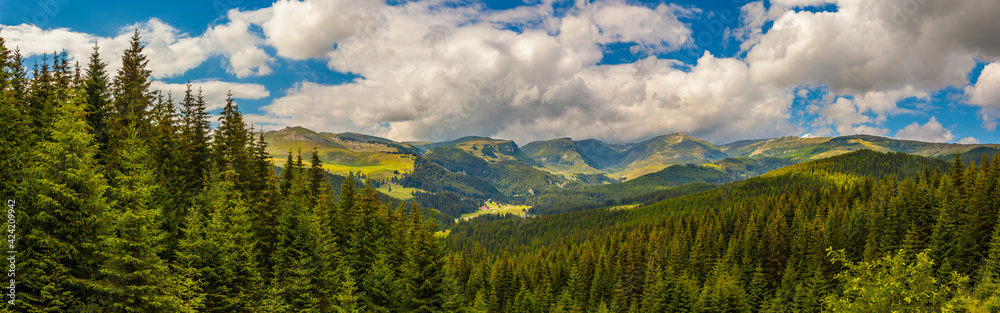 Outstanding view of Ialomita Valley, Padina Pestera Resort, Bucegi Mountains, Dambovita County, Romania Outstanding view of Ialomita Valley, Padina Pestera Resort, Bucegi Mountains, Dambovita County, Romania