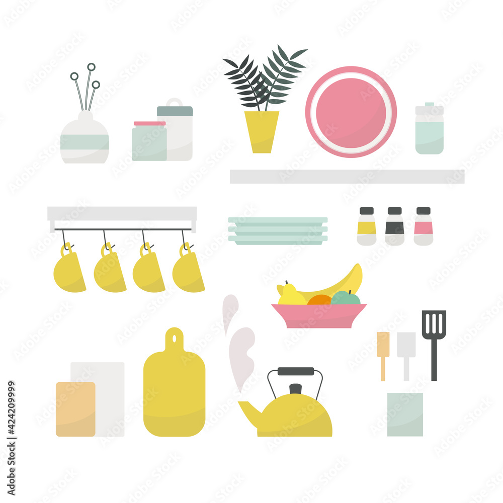 Vector illustration of kitchen interior items isolated on white background.