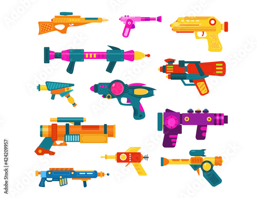 Vector illustration with colorful space blasters. Flat illustration isolated on white background.