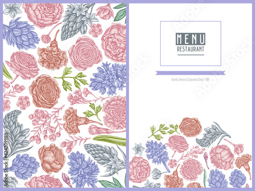 Menu cover floral design with pastel peony, carnation, ranunculus, wax flower, ornithogalum, hyacinth