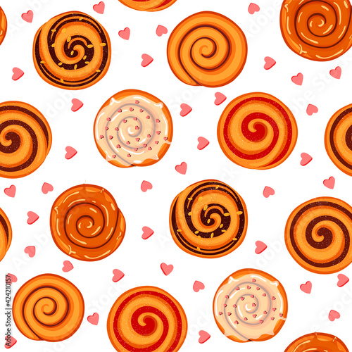 pattern with cinnamon rolls, jam and frosting. bakery product. vector illustration in cartoon style.