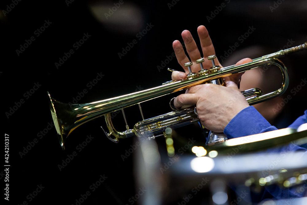 Obraz premium Hands of a musician playing the trumpet in the orchestra close up