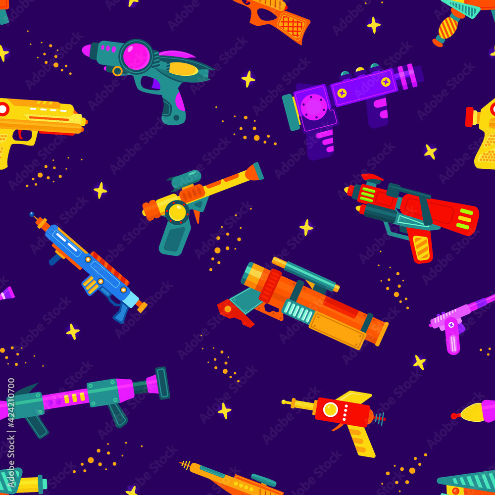 Naklejka premium Seamless pattern with space blasters on purple background. Design for fabric and paper, surface textures.