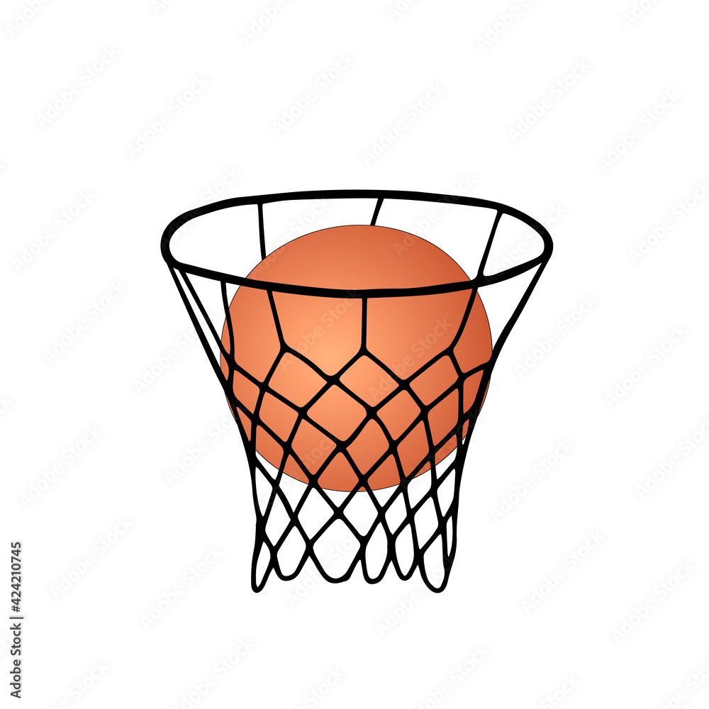 Beautiful hand-drawn black vector illustration of basketball game with an orange ball isolated on a white background