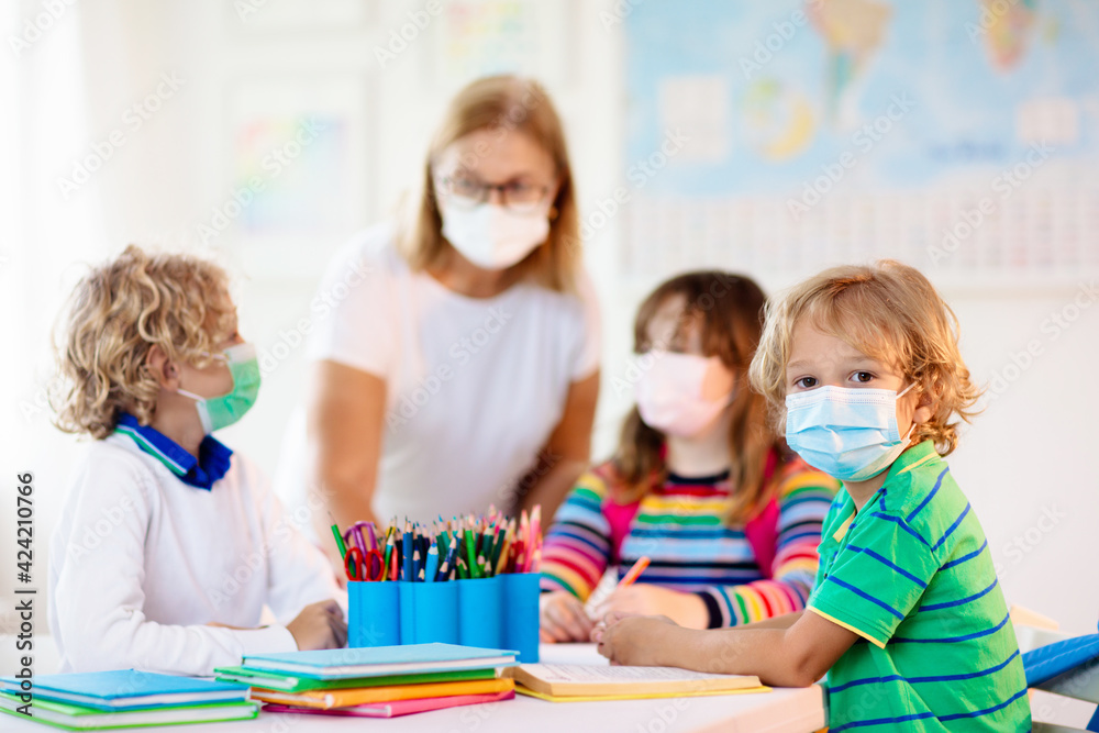 Kids on first school day after quarantine. Kids on first school day after quarantine.