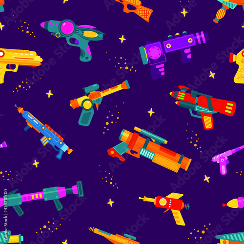 Seamless pattern with space blasters on purple background. Design for fabric and paper, surface textures.