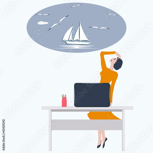 Woman businessman at work table dreaming about vacation at sea - vector. Travel planning. Depression. Mental health.