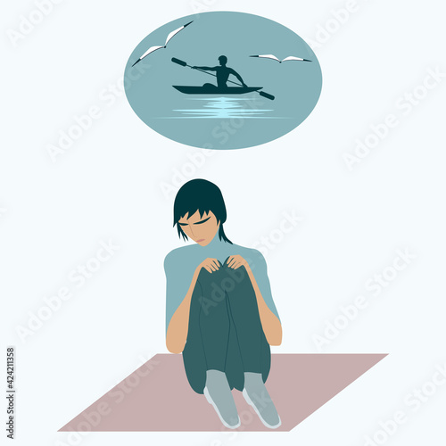Depressed guy dreams of kayaking vacation - vector. Travel planning. Depression. Mental health.