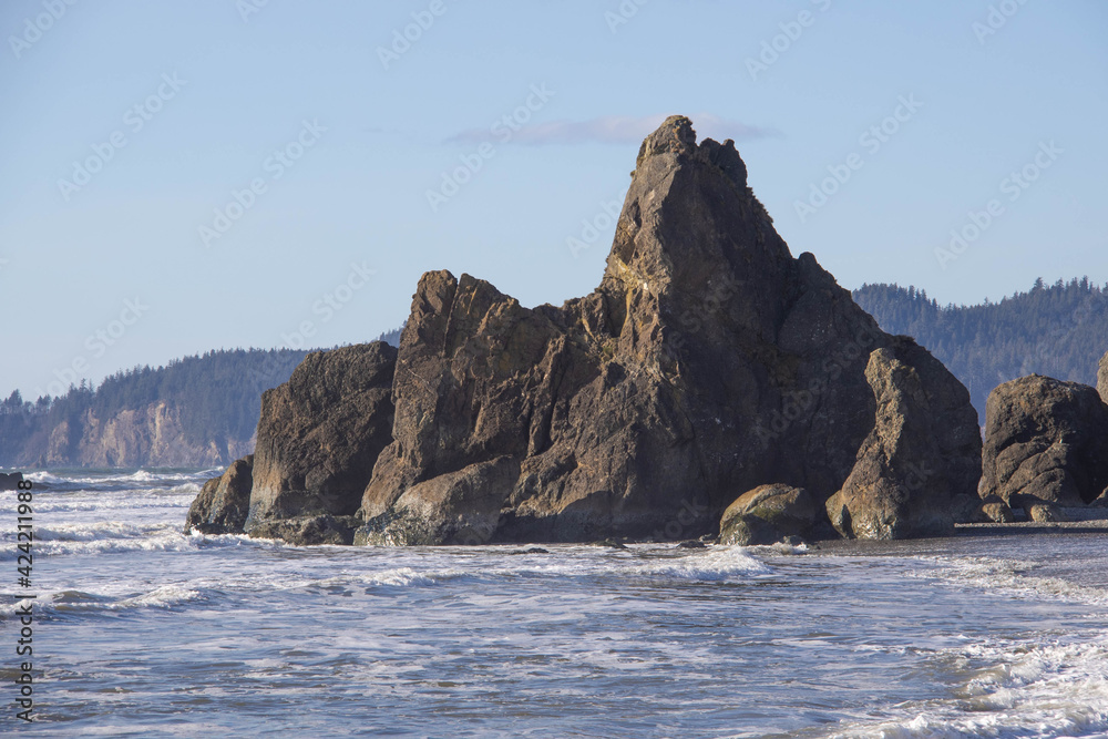 Sea stacks on the coast of Olympic National Park on Ruby Beach with rough seas in the evening.