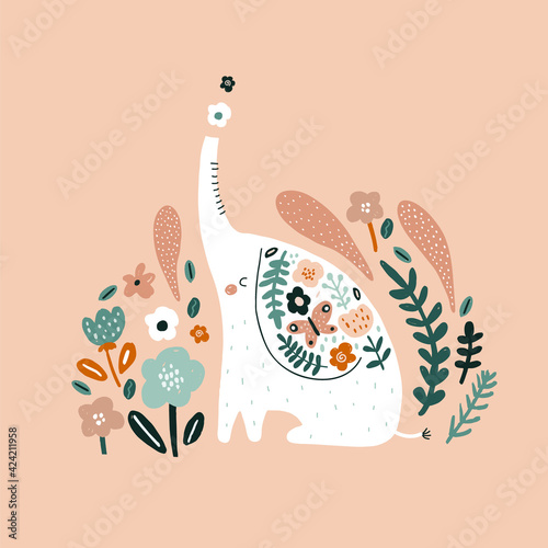 Cute baby elephant in a floral environment. Childish vector illustration for apparel design, poster, wall art.