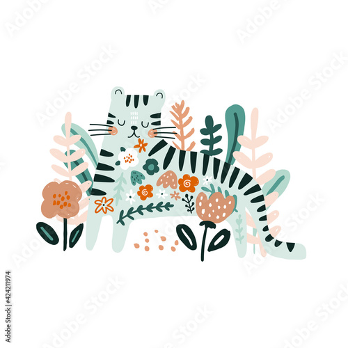 Cute floral tiger with flowers. Childish vector illustration for apparel design  poster  wall art.