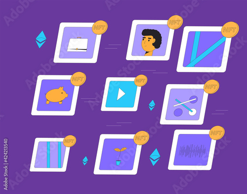 NFT. Non Fungible Token. Vector color illustration.