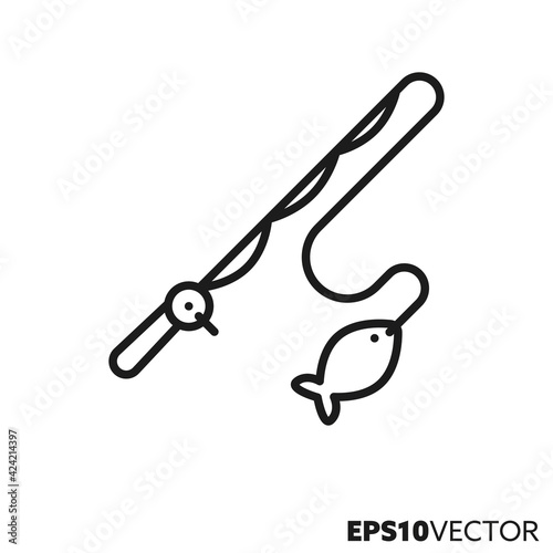 Fishing rod with hooked fish line icon. Angling outline symbol. Outdoor pursuit and  equipment vector illustration.