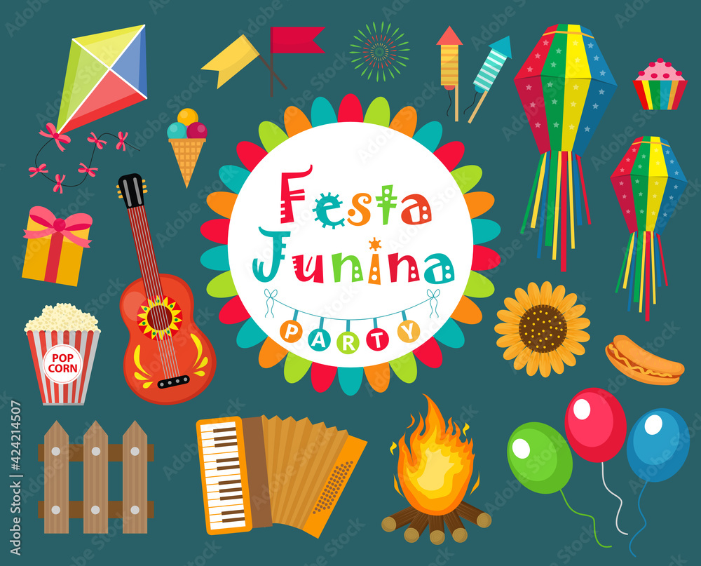 Festa Junina set icons, flat style. Brazilian Latin American festival, celebration of traditional symbols. Collection of design elements. Vector illustration, clip-art