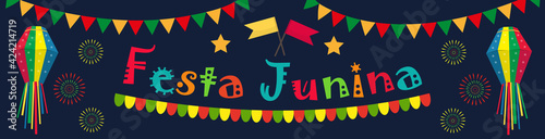 Festa Junina banner. Brazilian Latin American festival template for your design festive bunting flags, paper lantern. Vector illustration