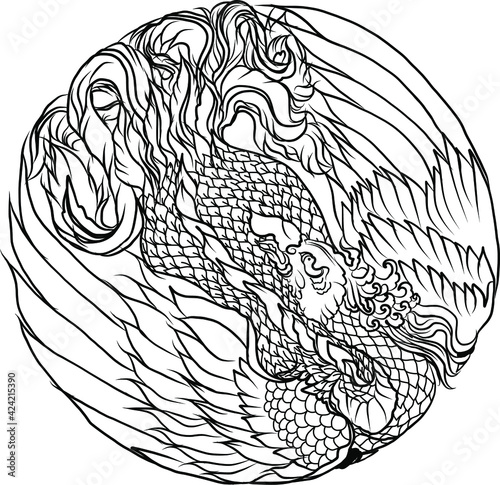 Phoenix fire bird vector and illustration design for tattoo.Chinese Peacock in circle Silhouette and isolated on white background. Phoenix colouring book vector.