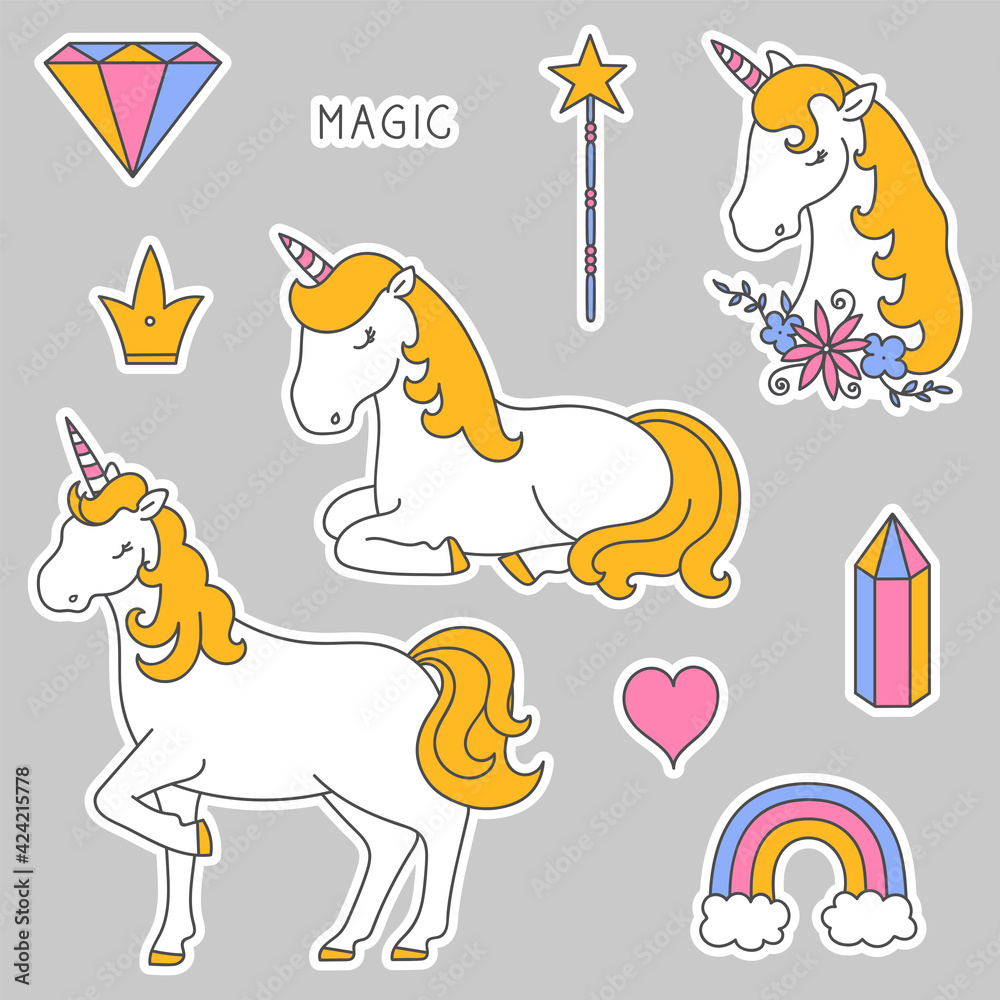 Stickers with a unicorn, rainbow, heart, unicorn head, diamond, crown and magic wand. Cute decoration items for kids.