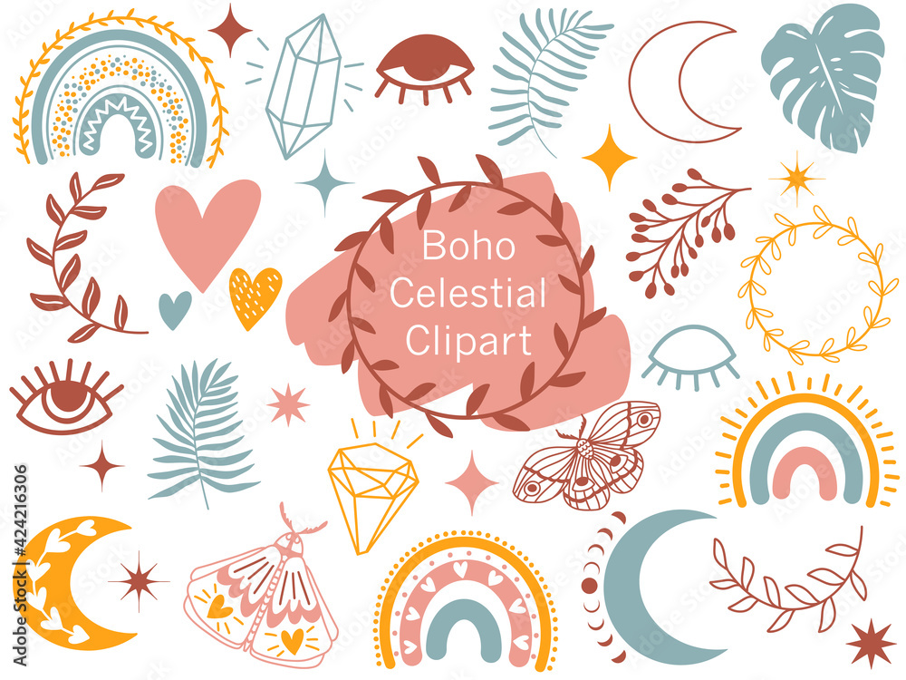 Boho Celestial Clipart. Vector Doodle illustration.