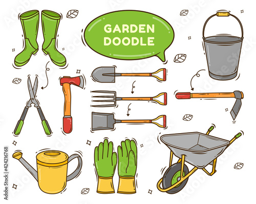 Set of hand drawn garden tool cartoon doodle style