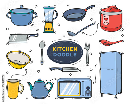 Hand drawn kitchen equipment cartoon doodle design