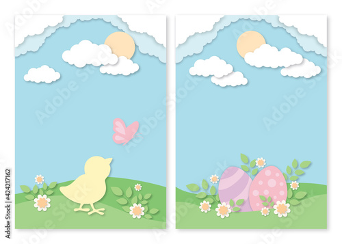 Easter holidays papercut design, easter eggs, chick and butterfly on meadow, cloudy sky paper cut vector set