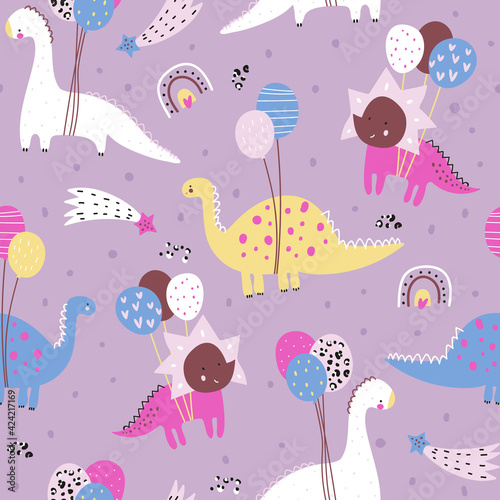Childish seamless pattern with hand drawn flying dinozaurs on balloons. Creative vector childish background for fabric, textile