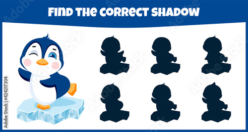 Find the correct shadow. Educational matching game for children with cute penguin.	