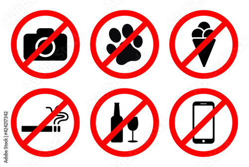 No Smoking signs icon, no photography icon, no dogs vector set