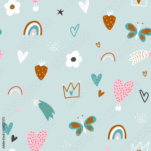 Seamless abstract pattern with hearts, crowns, starwberry,flowers and rainbows. Creative childish texture. Great for fabric, textile Vector Illustration