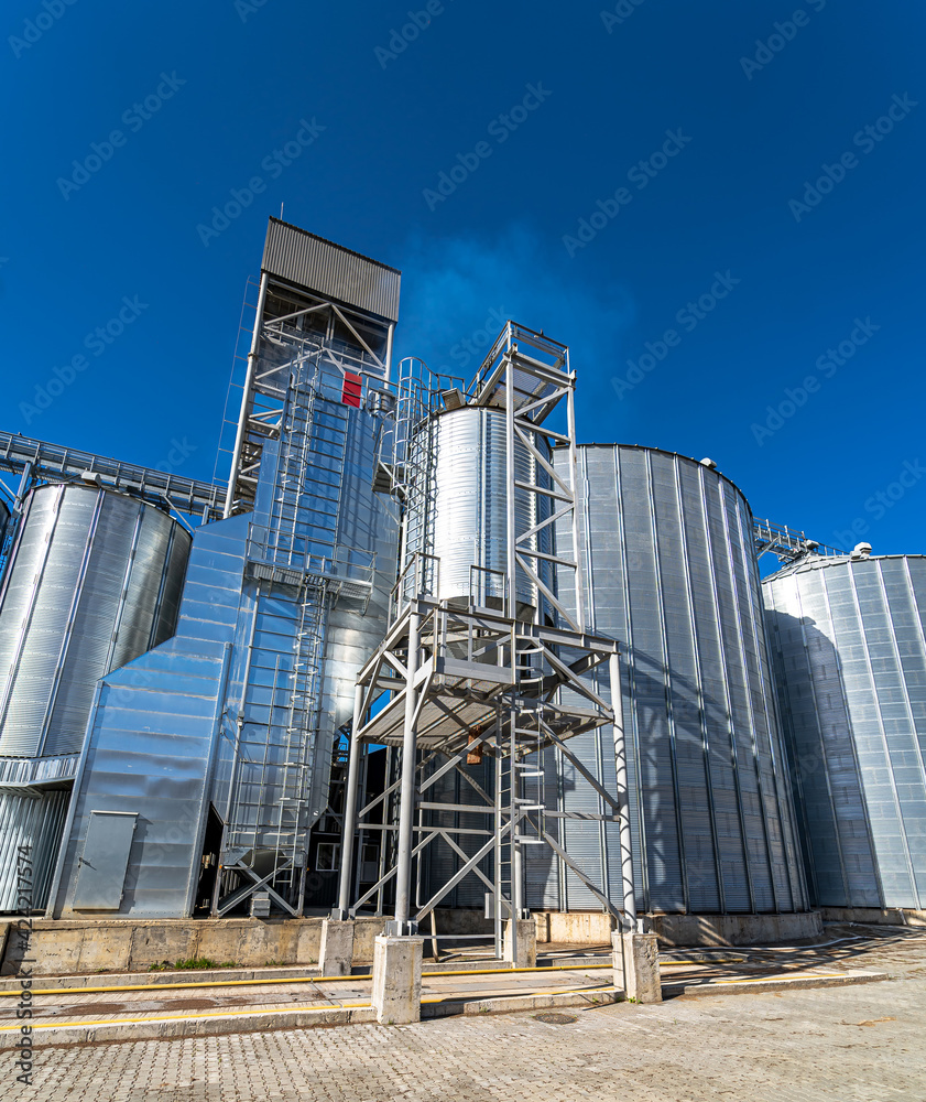 Obraz premium Metal grain elevator in agricultural zone. Selective focus on steel construction with blue sky above at granary. Closeup.
